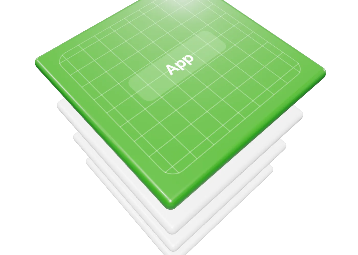 Four chip-style layers for network, storage, database and app, separated in an exploded view